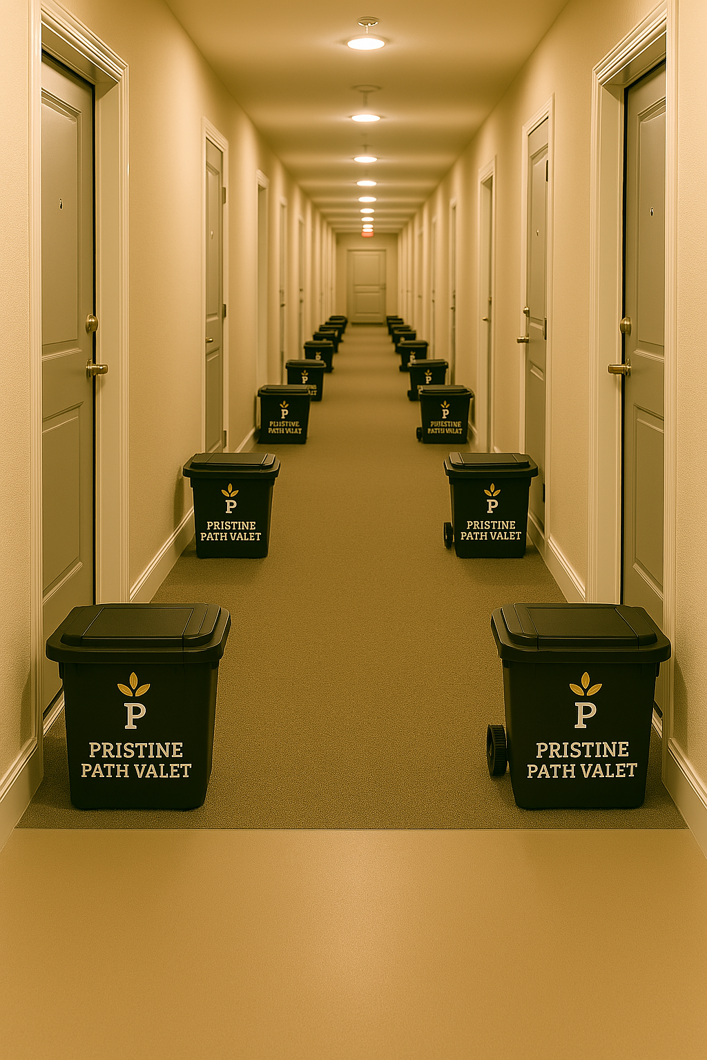 Pristine Path Valet branded bins in apartment hallway