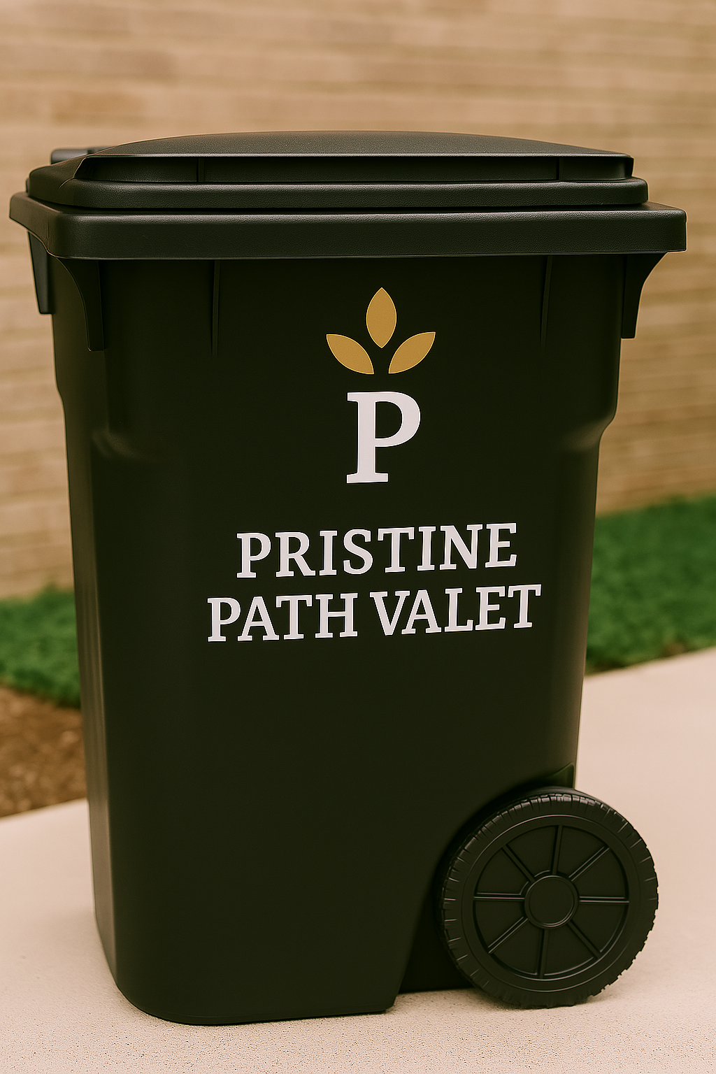 Close-up of Pristine Path Valet branded trash bin