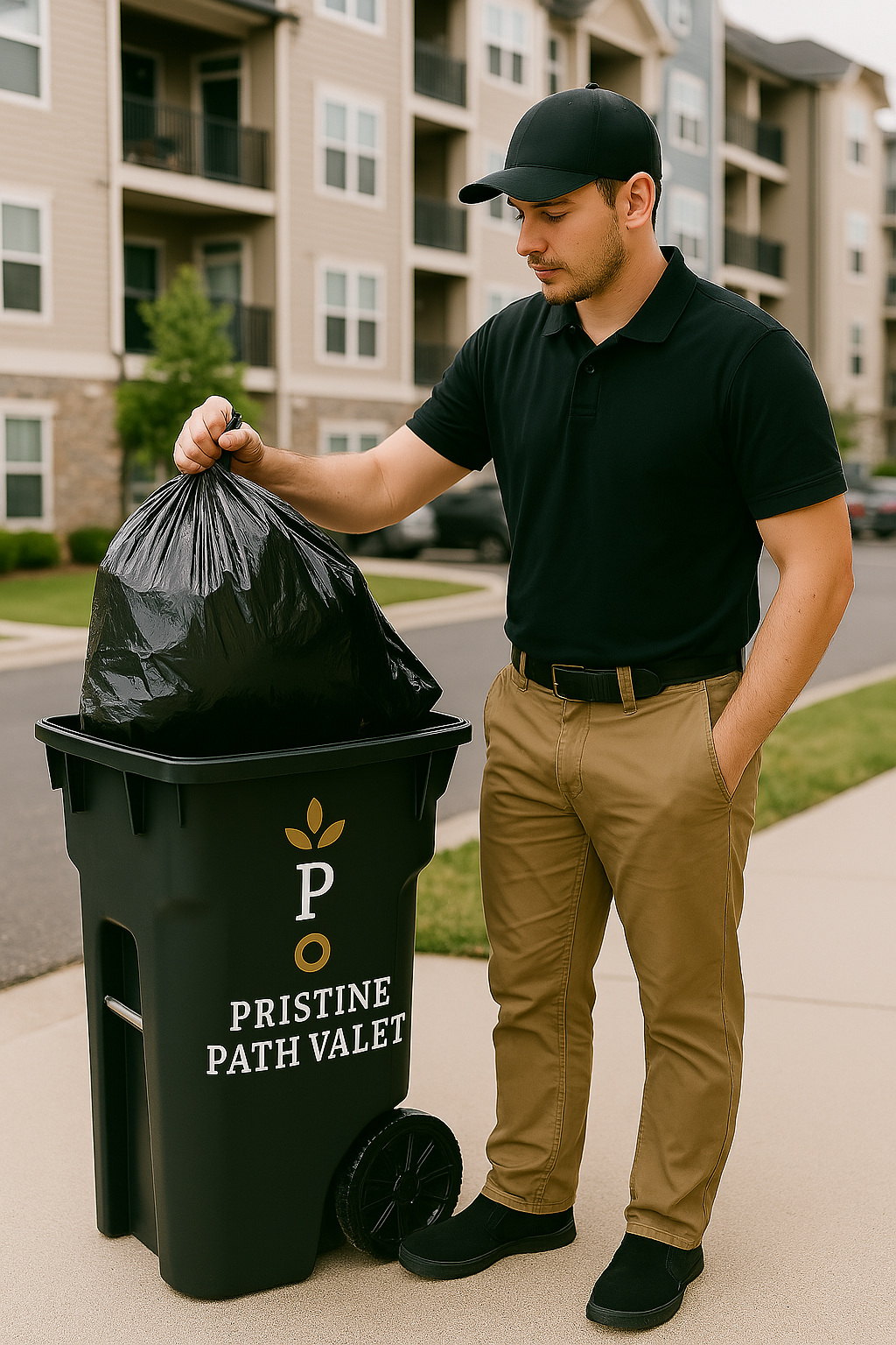 Pristine Path Valet staff member in uniform collecting trash at an apartment community